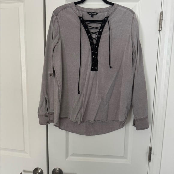 Express Gray Lace-Up Top - Picture 2 of 6